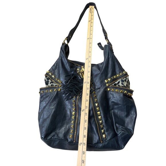 Betsey Johnson Studded Leather Hobo Bag Tassel Accent & Leopard Print Lining - Picture 8 of 9